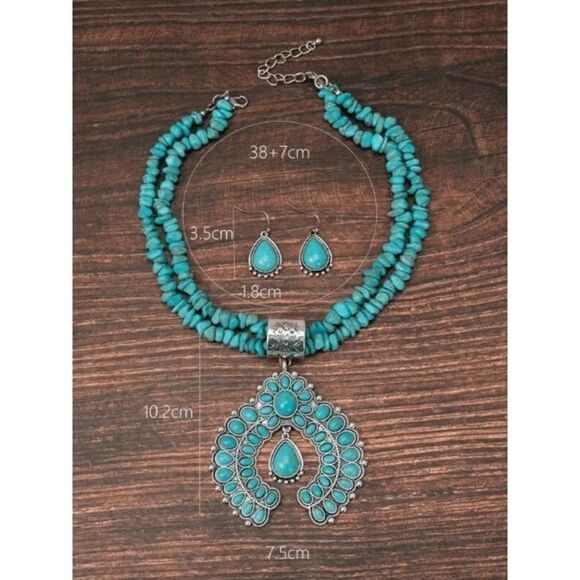 Silver Turquoise Western Squash Blossom Necklace & Earring Set - Picture 3 of 3